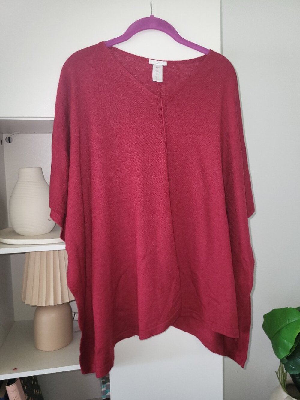 J Jill One Size Poncho Sweater Merino Wool Blend Pullover Deep Red Kimono Shawl
